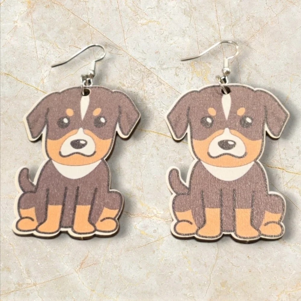 Wooden Dog Dangle Earrings